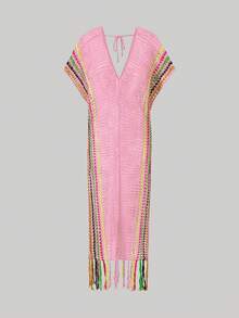 BamGleam Halter Neck Knit See-Through Dress Maxi Women Outfit - Baby Pink - View 4