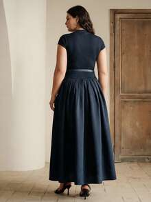 Anewsta New Elegant Round Neck Cap Sleeve Knit Patchwork Flared Waist Dress With Belt, Plus Size - Navy Blue - View 5