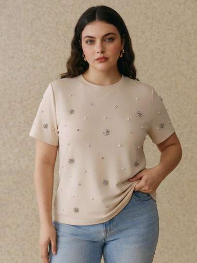 Anewsta Women's Elegant & Fashionable Rhinestone Decor Apricot Short Sleeve T-Shirt, Spring/Summer