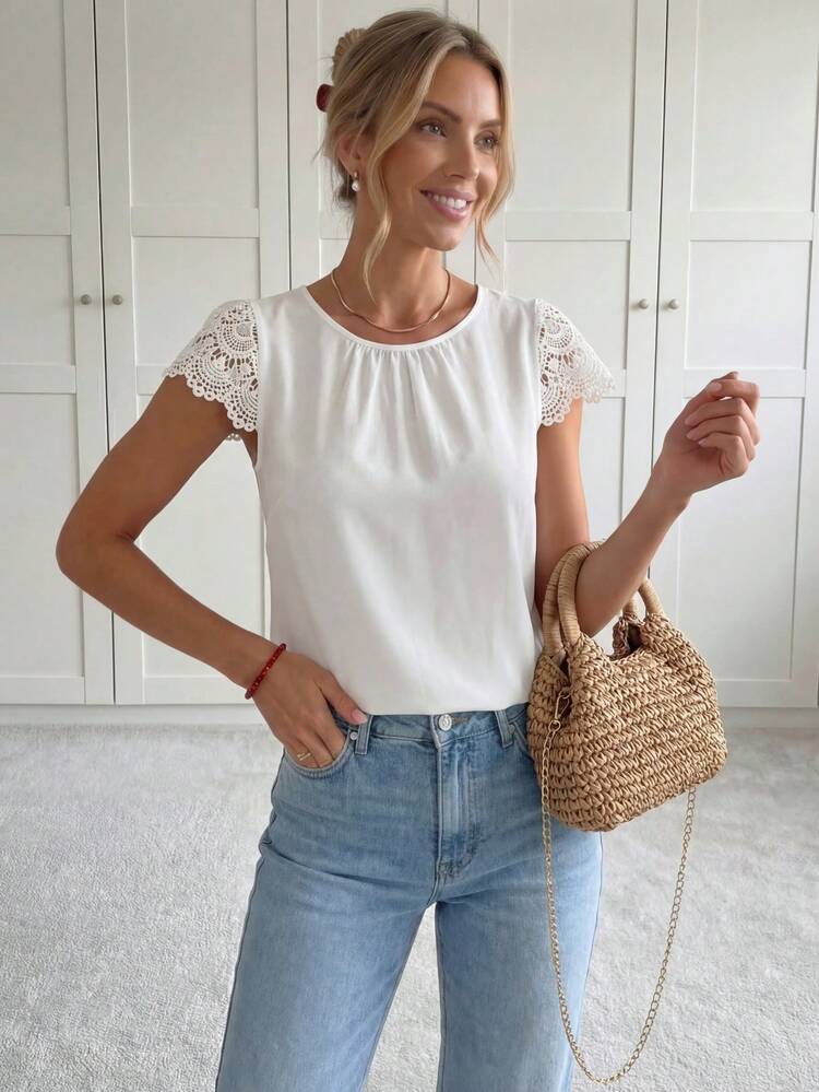 White Contrast Guipure Lace Sleeve Blouse,Short Sleeve Tops,Casual