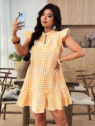 Weeklong Fashionable Casual Vacation French Retro Elegant Casual Cap Sleeve Yellow Plaid Dress