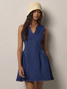 COSMINA Đầm denim ngắn cổ chữ V xếp ly dành cho nữ, đầm không tay thanh lịch thường ngày, đầm ngắn, đầm denim đơn giản tối giản. - Màu xanh lam - Xem 4