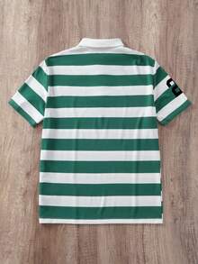 Manfinity Joysei 男士休闲徽章图案绿白条纹Polo衫，适合夏季郊游、上学、送朋友 - 綠色 - 查看 2
