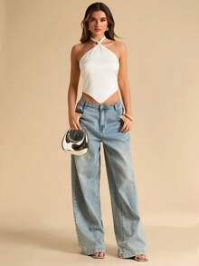 SHEIN BAE Áo kiểu nữ màu mơ bằng satin, hở lưng, buộc dây, gợi cảm, thanh lịch, thích hợp cho lễ hội âm nhạc, phong cách tối giản. - Màu be - Xem 3