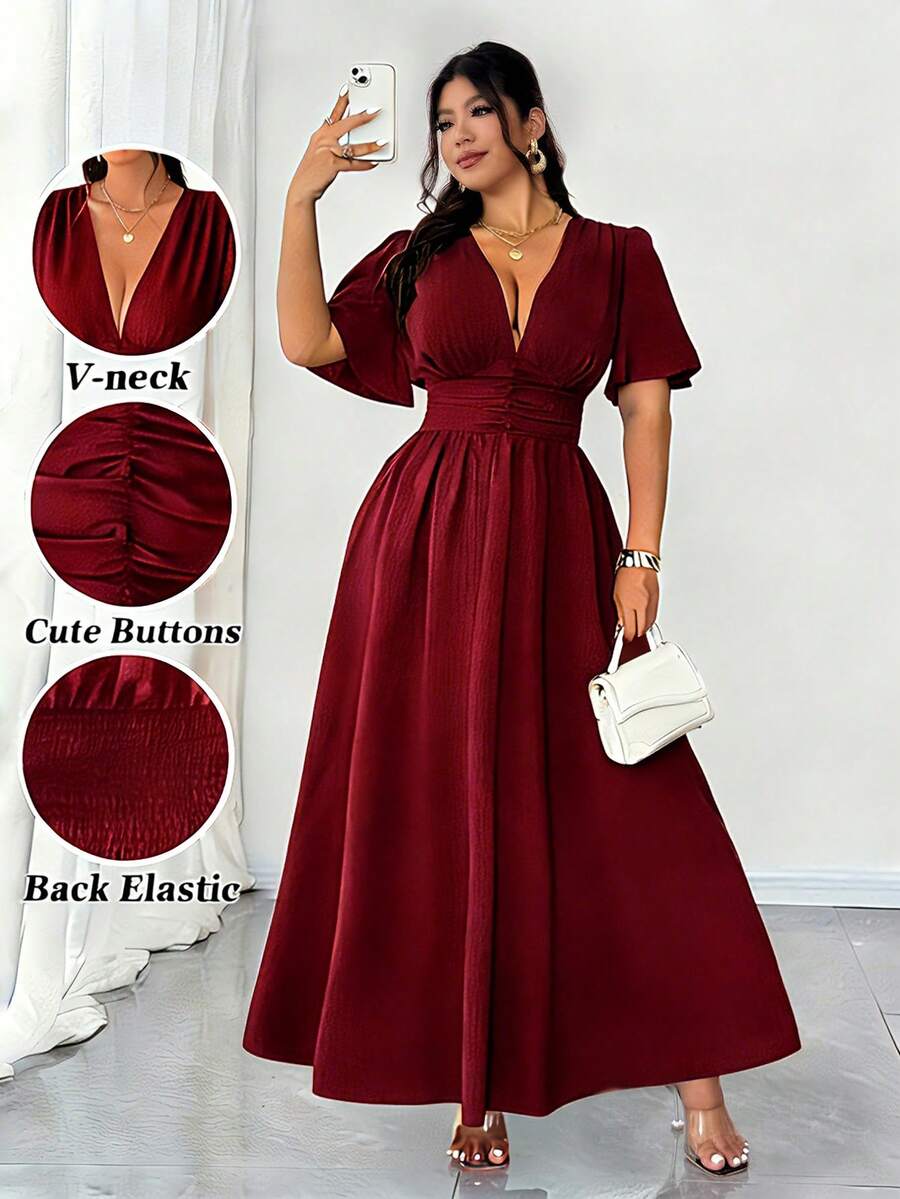 Elenzga Plus Size Women's Elegant Backless Vacation Dress, Versatile Design, 2025 Spring/Summer New Arrival - Burgundy - View 1