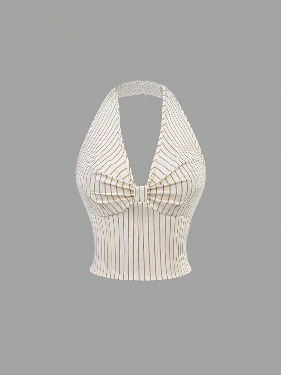 Sweetra Áo crop top kẻ sọc dáng suông, cổ yếm, xoắn sau, gợi cảm dành cho nữ, thích hợp cho mùa xuân/hè. - Màu be - Xem 1