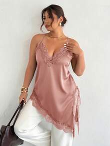 Firerie Femmes grande taille Débardeur asymétrique à bretelles fines avec dentelle contrastée et ourlet asymétrique - Vieux Rose - Voir 6