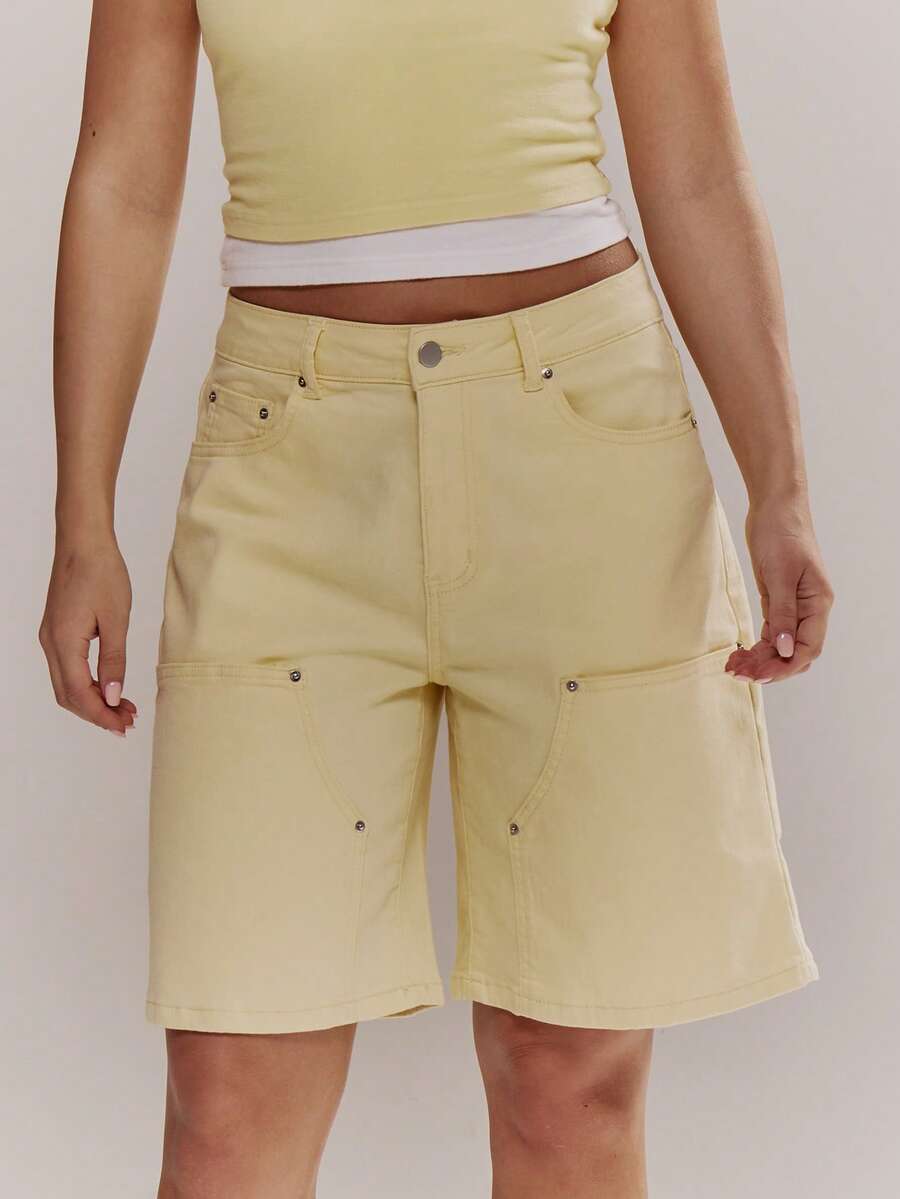 MUSERA Mid Rise Wide Leg Pastel Denim Jorts Spring Summer Cute Girly Holiday Vacation Beach Everyday Casual Sorbet - Pale Yellow - View 1