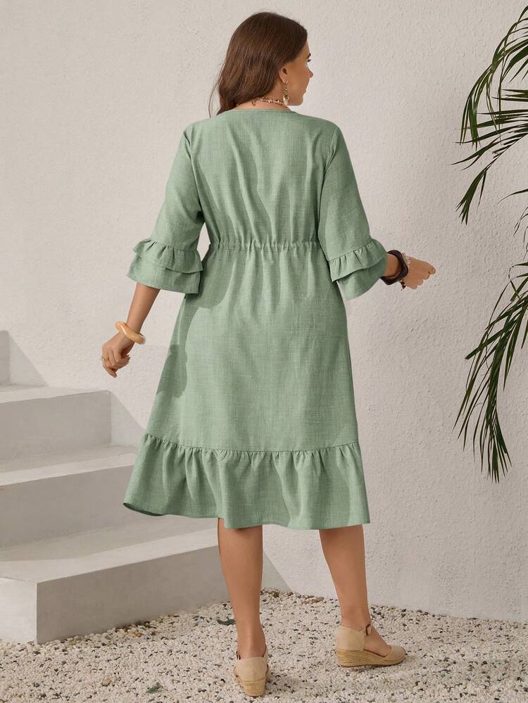 Plus Size Casual Solid Color Drawstring Waist Ruffle Hem Dress