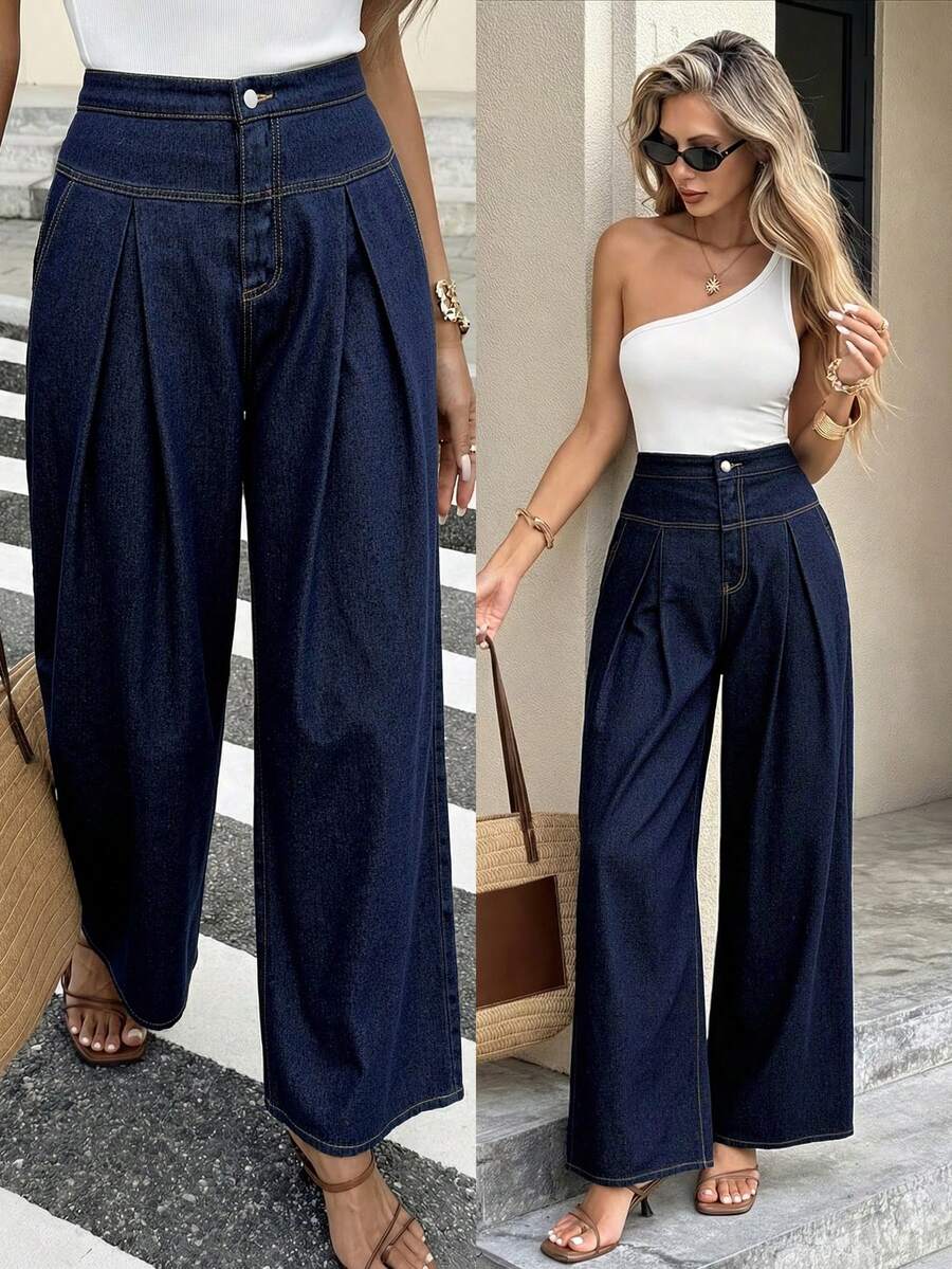 Serisse 女士高腰褶皱阔腿宽松休闲牛仔裤，夏季嘉年华服装通勤度假毕业时尚Y2K可爱街头风性感派对婚礼优雅商务休闲女士商务海滩毕业复活节高腰阔腿牛仔裤深色水洗休闲牛仔裤春季通勤牛仔裤经典深蓝色高帮褶皱阔腿牛仔裤女士通勤休闲风格 - 藍色 - 查看 1