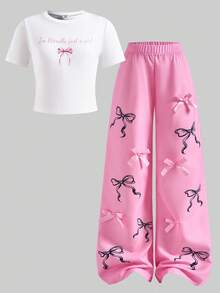 SHEIN Teen Girl Butterfly Print Round Neck Short Sleeve T-Shirt And Pink Pants Set - Pink - View 3