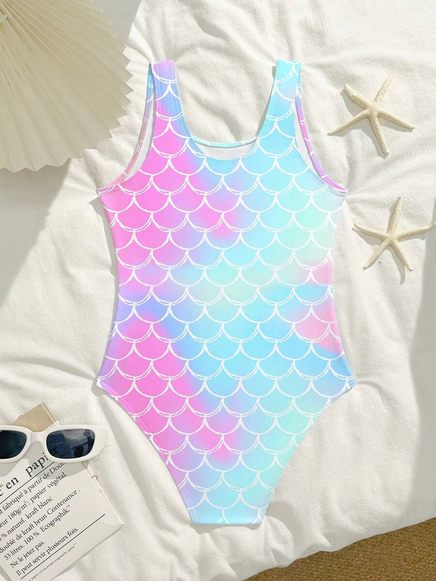 SHEIN Tween Girl Fish Scale Tie-Dye One-Piece Swimsuit, Suitable For Swimming, Summer Vacation, Beach Mermaid Swimsuit For Kids Mermaid Swimming Costume Bathing Suit For Girls Swimming Costumes For Kids Bathing Suit For Tweens Swim Suit For Tweens