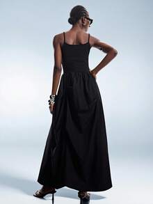 GENKIRA 黑色纯色休闲简约混搭修身吊带连衣裙，不对称下摆设计，褶皱荷叶边下摆，长款连衣裙 - 黑色 - 查看 2