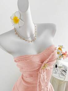Sweetra Đầm ngắn nữ màu vàng dệt kim jacquard họa tiết sao biển kim loại, viền bèo nhún, thắt eo, phong cách bohemian thanh lịch, thích hợp dự tiệc, hẹn hò, thường ngày, đa năng, mùa xuân/hè. - Hồng - Xem 6