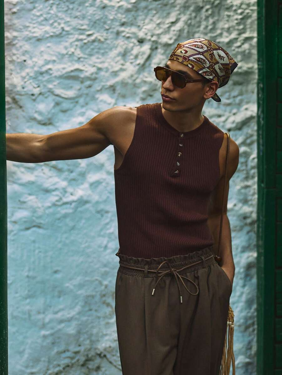 Musero V Neck Vest Button Up Wide Ribbed Sleeveless Fitted Tank Top Spring Summer Essentials - Brown - View 1