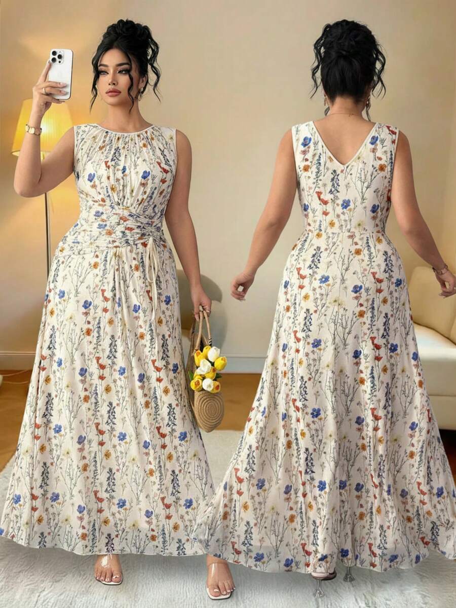 Elenzga Đầm maxi dáng chữ A không tay, cổ tròn, xếp ly, thắt eo, màu mơ, chất liệu lưới hoa thanh lịch dành cho nữ cỡ lớn, phù hợp cho các buổi họp mặt gia đình, trang phục dự tiệc cưới, tiệc tùng, đầm dự tiệc sang trọng. - Màu be - Xem 1