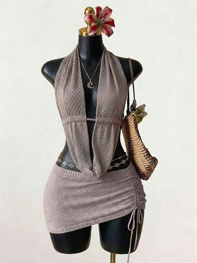 SaltGleam SaltGleam Women's Solid Color Plunging Draped Neck Cropped Halter Knit Top