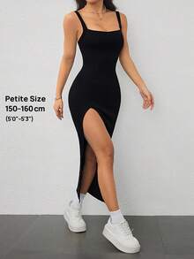 SHEIN PETITE Vestido largo ajustado de mujer con abertura alta, de punto acanalado elástico y tirantes anchos, atuendo de vacaciones para mujer - Negro - Ver 9