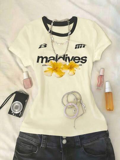 Glimmora Áo thun nữ tay ngắn cổ tròn in chữ và hoa, kiểu dáng thường ngày, thích hợp cho mùa hè.