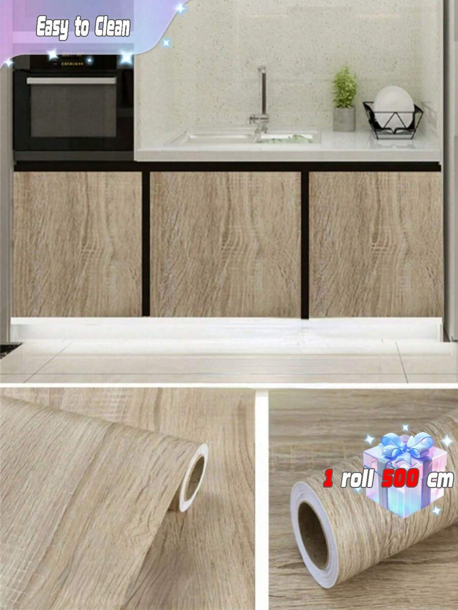 一卷PVC木纹贴纸,适用于衣柜、橱柜、餐桌等家具翻新,自粘防水壁纸,家居装饰 - 卡其色 - 查看 1