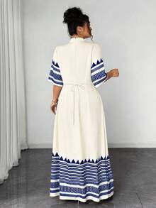 Vestido de 2 en 1 con estampado geométrico bohemio y lazo para mujer de talla grande - Albaricoque 2 - Ver 2