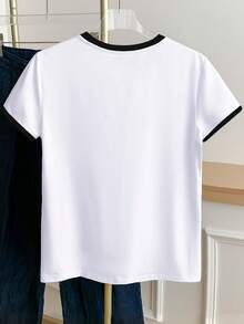 Resyla Camiseta de manga corta de cuello redondo con estampado de caballero y ribete de contraste, informal, para verano - Blanco - Ver 2