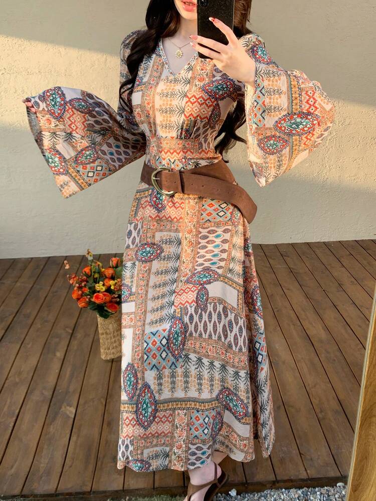 Spring & Summer Brown Floral & Geometric Print Dress, Suitable For Valentine's Day, Wedding, Party, Formal Occasion, Fashion Event, Elegant Commute, Waist-Cinched A-Line Maxi Dress, Sweet Long Sleeve Vacation Dress For Ladies Sundress Boho