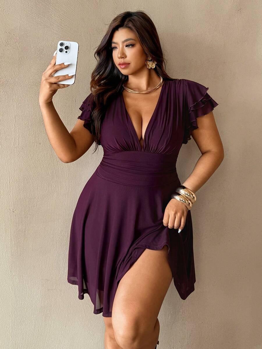 Auralis 大码优雅性感纯色深V领连衣裙，夏季女士连衣裙，畅销连衣裙，女士休闲装，夏季服装，夏季连衣裙 - 咖啡棕 - 查看 1