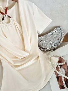 GlowEve Áo thun ngắn tay ôm dáng mùa hè màu mơ, kiểu dáng 2 trong 1, cổ Pháp, đính hạt cườm, buộc dây phía trước, dành cho nữ. - Màu be - Xem 3