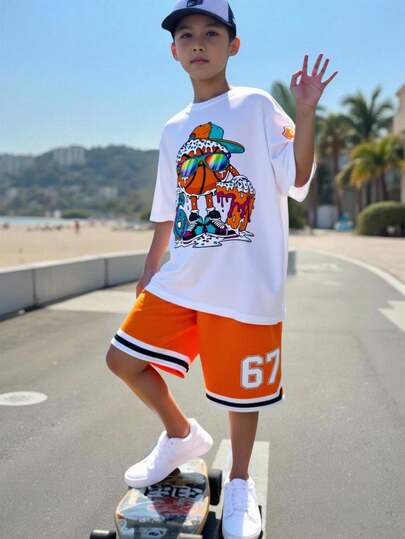 Boys' Basketball 67 Print Sports Casual Short Sleeve Round Neck T-Shirt With Pocket And Shorts Set, Spring/Summer