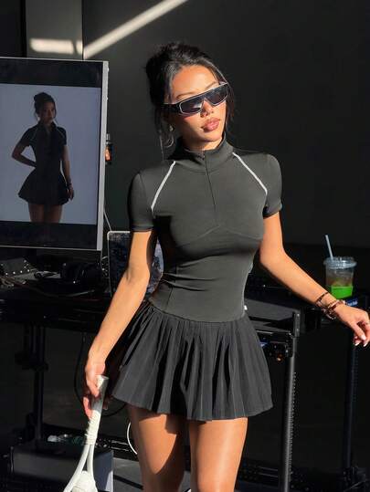 CourtClass Summer Casual Stand Collar Short Sleeve Pleated Hem Sports Dress