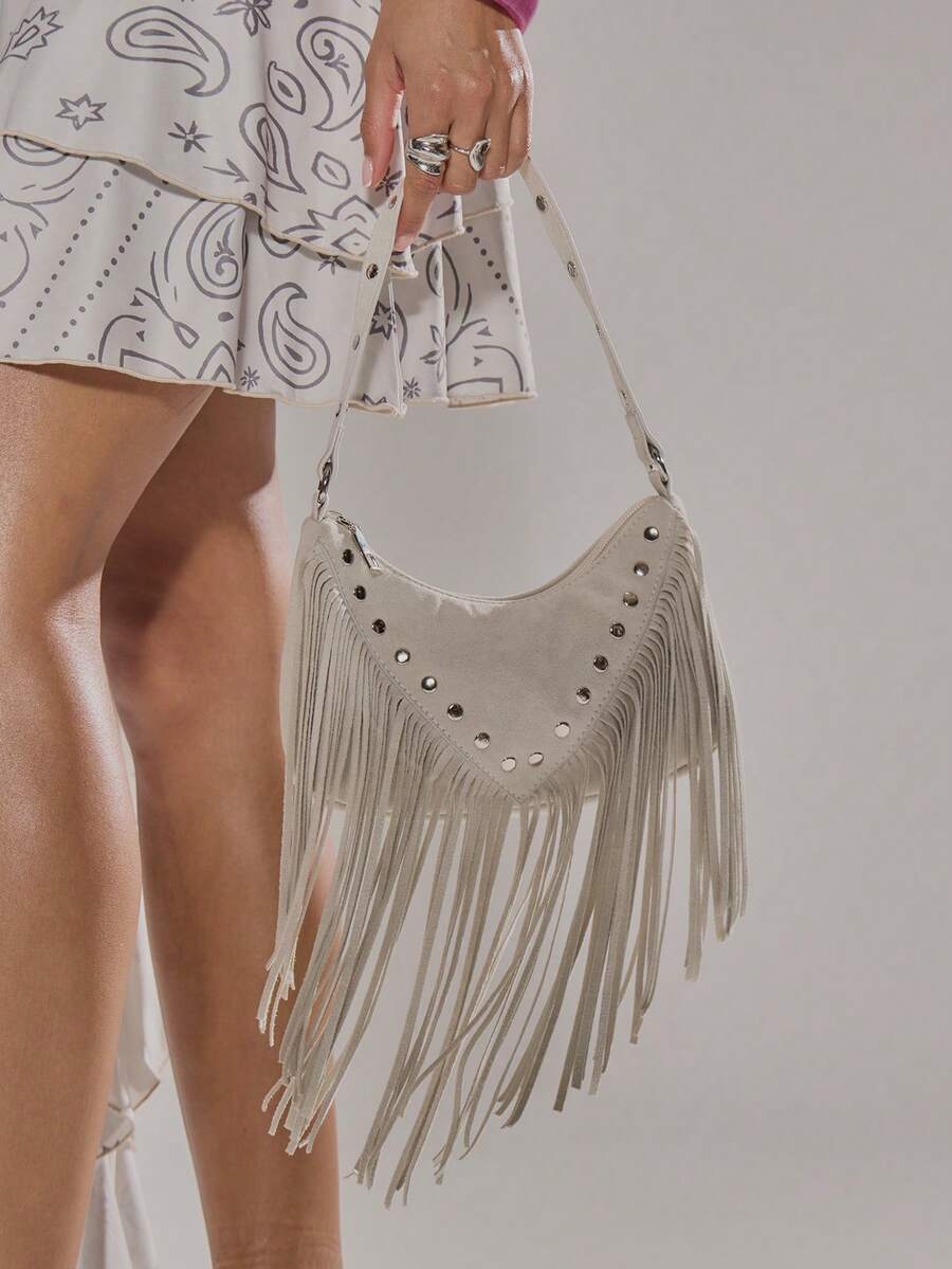 MUSERA Studded Fringed Tassle Faux Leather Handbag For Going Out Daily Spring Holiday Accessory,Rivets, Retro, Vintage, Bohemian Style, Fashionable, Personalized, Simple, Versatile, Street, For Daily, Music Festival - Beige - View 1