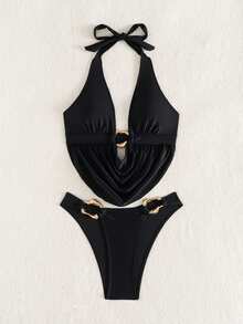 Bonvoyette Bộ bikini hai mảnh màu đen cổ chữ V sâu, kiểu dáng thoải mái, thích hợp cho kỳ nghỉ hè, đi biển, gồm áo crop top và quần bikini cạp cao. - màu đen - Xem 8