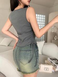 Feyla Áo tank top nữ kiểu dáng thường ngày, thêu họa tiết quả anh đào, cài cúc phía trước, thích hợp cho mùa hè. - Xám - Xem 3