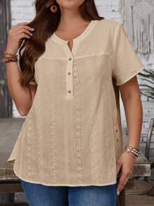 EMERY ROSE Camisa casual de manga corta con botones y bordado para mujer de talla grande para vacaciones - Albaricoque - Ver 4