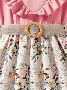 SHEIN Vintaside Kids Vestido de niña preadolescente con estampado floral, cinturón y volantes en el bajo, cuello redondo - Rosa - Ver 3