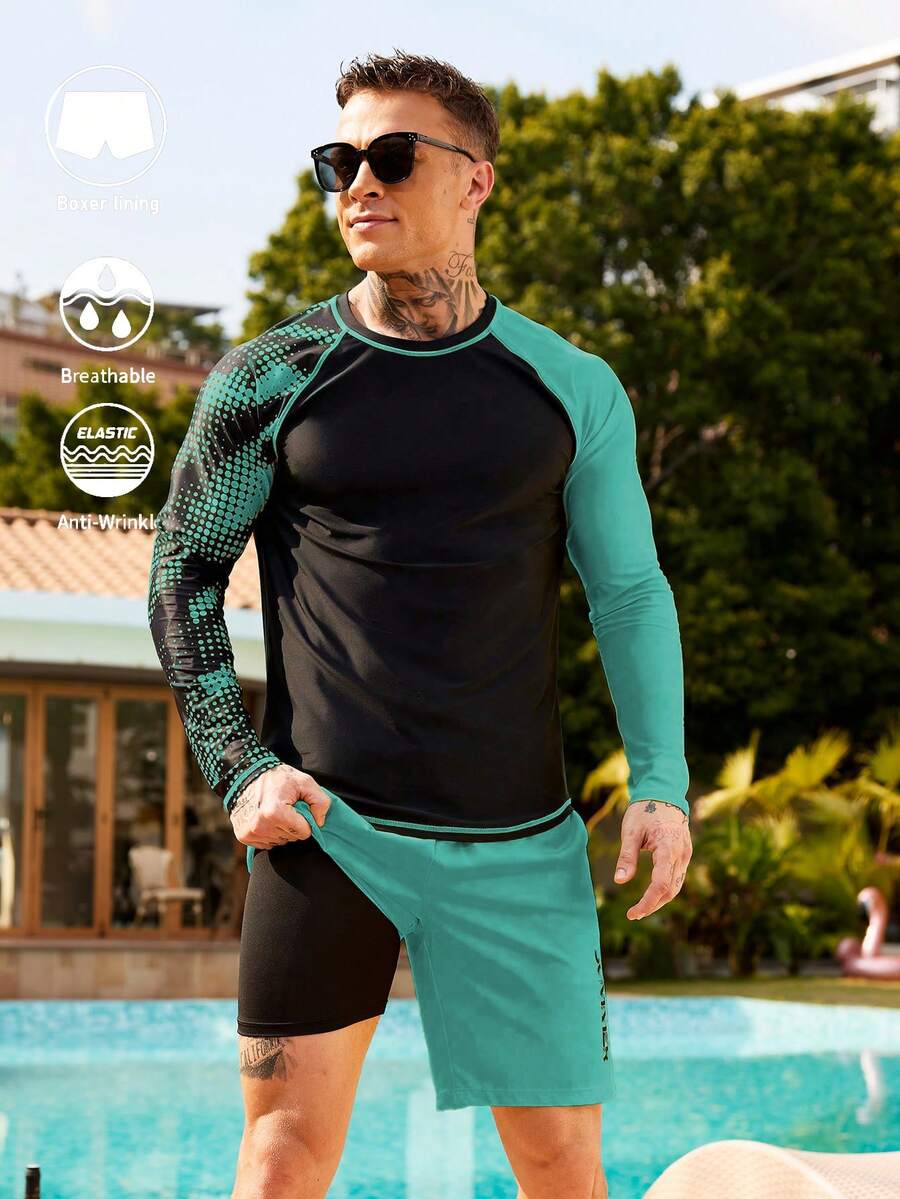Manfinity KASUA Conjunto de 2 piezas de traje de baño para hombre con parte superior de manga raglán de color contrastante y pantalones cortos de natación, para vacaciones - Multicolor - Ver 1