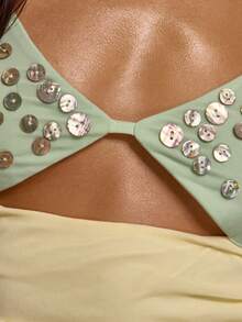 MUSERA 饰有贝壳纽扣的露胸前褶皱修身上衣，可爱春夏性感，适合外出、海滩度假、蜜糖潮汐 - 彩色 - 查看 6