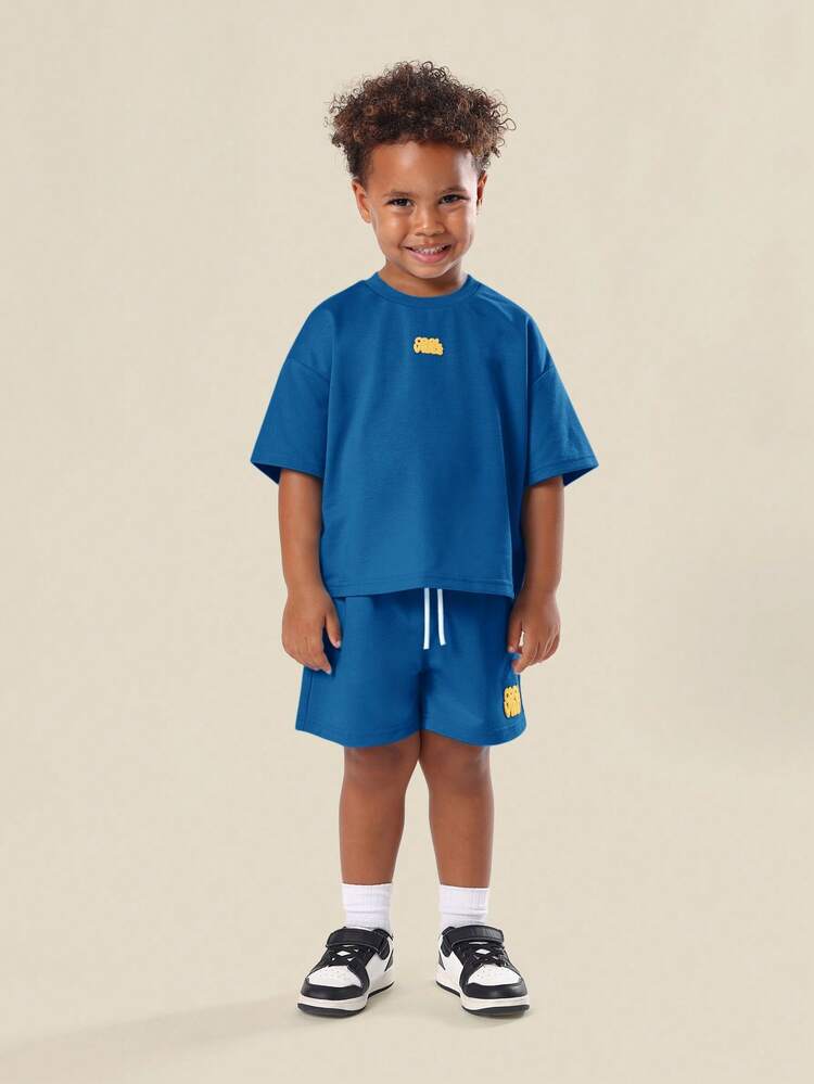 Boys Blue Cool Vibes Oversized T-Shirt And Shorts Co-Ord Set Summer Casual Outfit With Yellow Text Print