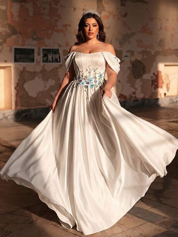 Aureia Vestido de novia de lujo con escote en U, hombros descubiertos, mangas colgantes, cintura, decoración de espina de pescado, lentejuelas de lujo, empalme y abertura alta en línea A, talla grande