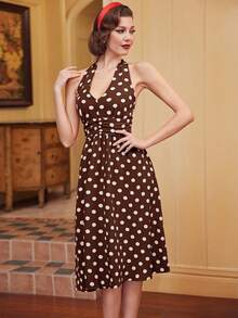 Vintamour 波点印花褶皱前开襟露背吊带连衣裙夏季女装长裙复古连衣裙红色 - 棕色 - 查看 6