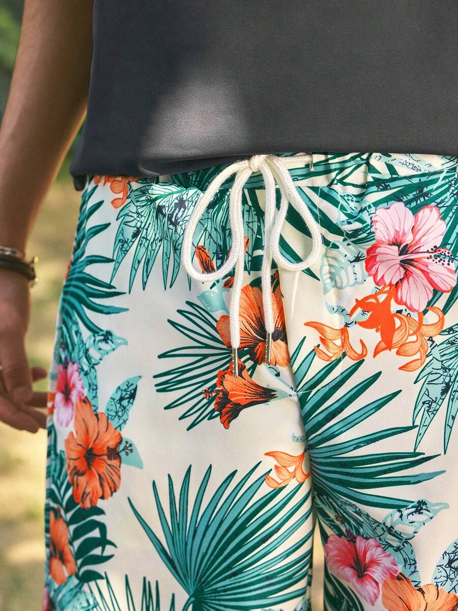 Open Phase Pantalones cortos holgados con cordón en la cintura y estampado tropical para hombres, estilo retro americano, unisex, ajuste relajado para atuendos de verano - Adecuado para uso diario y atuendos de vacaciones de verano. - Multicolor - Ver 1
