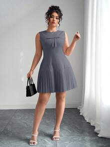 Elenzga Đầm midi không tay buộc eo kiểu công chúa thanh lịch cỡ lớn cổ tròn xếp ly vải lanh, thời trang & tôn dáng khi chụp ảnh, màu hồng - Xám - Xem 6