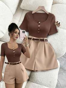 Conjunto de 2 piezas de camiseta ajustada de cuello redondo con botones y pantalones cortos de pierna ancha para mujer, casual para vacaciones y viajes - Marrón - Ver 3