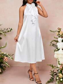 SHEIN Lady 女士纯色简约日常连衣裙，饰有3D立体花卉图案，无袖中长款白色连衣裙，优雅连衣裙，夏季连衣裙，女士连衣裙，优雅经典女士正装连衣裙，度假连衣裙，女士休闲连衣裙，裹身连衣裙，裹身婚礼宾客裹身连衣裙，白色裹身缎面连衣裙，常规尺码女士连衣裙，正式连衣裙，夏季女士休闲连衣裙 - 白色 - 查看 3