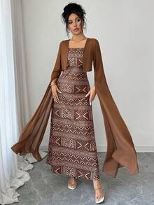 Islaluna Women's Arabic Style Outfit Set, Women's Kurta Set, Women's Saree, Chiffon Fabric, Geometric Pattern, Print, Fitted Camisole With Waist Tie Bow, Extra Long Exaggerated High Slit Bell Sleeve Cropped Top, Elegant Casual Luxurious Romantic Retro Sexy Spring/Summer Maxi Dress, Women's Cropped Shirt, Women's 2-Piece Set - Brown - View 5