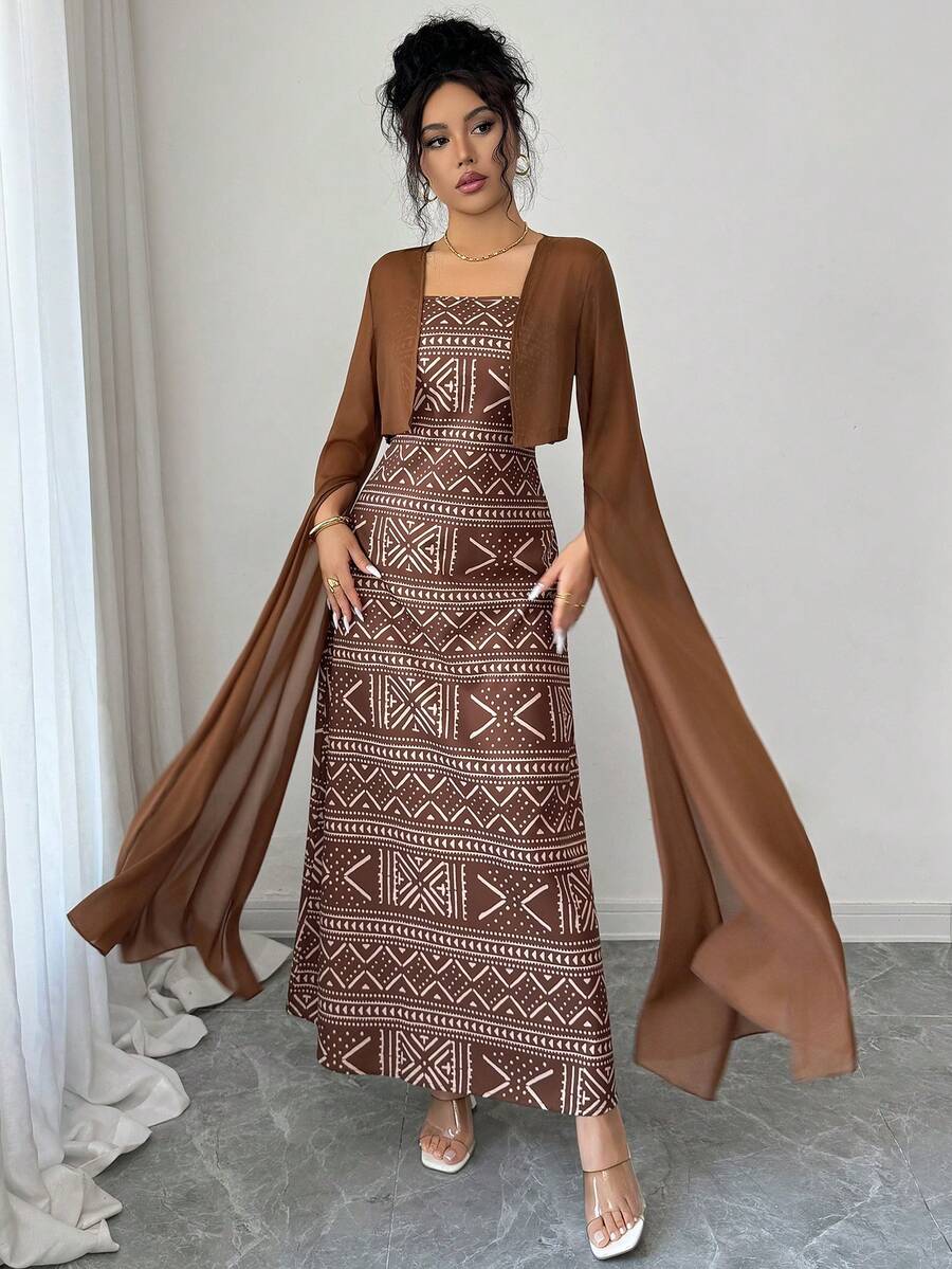 Islaluna Women's Arabic Style Outfit Set, Women's Kurta Set, Women's Saree, Chiffon Fabric, Geometric Pattern, Print, Fitted Camisole With Waist Tie Bow, Extra Long Exaggerated High Slit Bell Sleeve Cropped Top, Elegant Casual Luxurious Romantic Retro Sexy Spring/Summer Maxi Dress, Women's Cropped Shirt, Women's 2-Piece Set - Brown - View 1