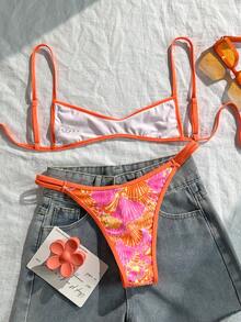 Swim Mod Set bikini con stampa a conchiglia, casual e sexy, per vacanze al mare, nuovo costume da bagno estivo da donna, costume da bagno retrò per donna - Multicolore - Visualizzare 2