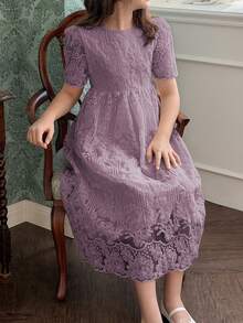 Hapijoa Vestido casual de verano para niña preadolescente con bordado floral, cuello redondo, para vacaciones y uso diario - Morado - Ver 6