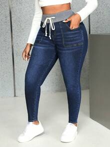 SHEIN CURVE+ Quần jean bó cạp chun có túi rút size lớn cho nữ thường ngày - màu đen - Xem 5